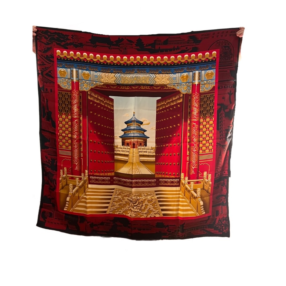Stunning Huge 100% Silk Satin Hand Made Scarf with Oriental Design